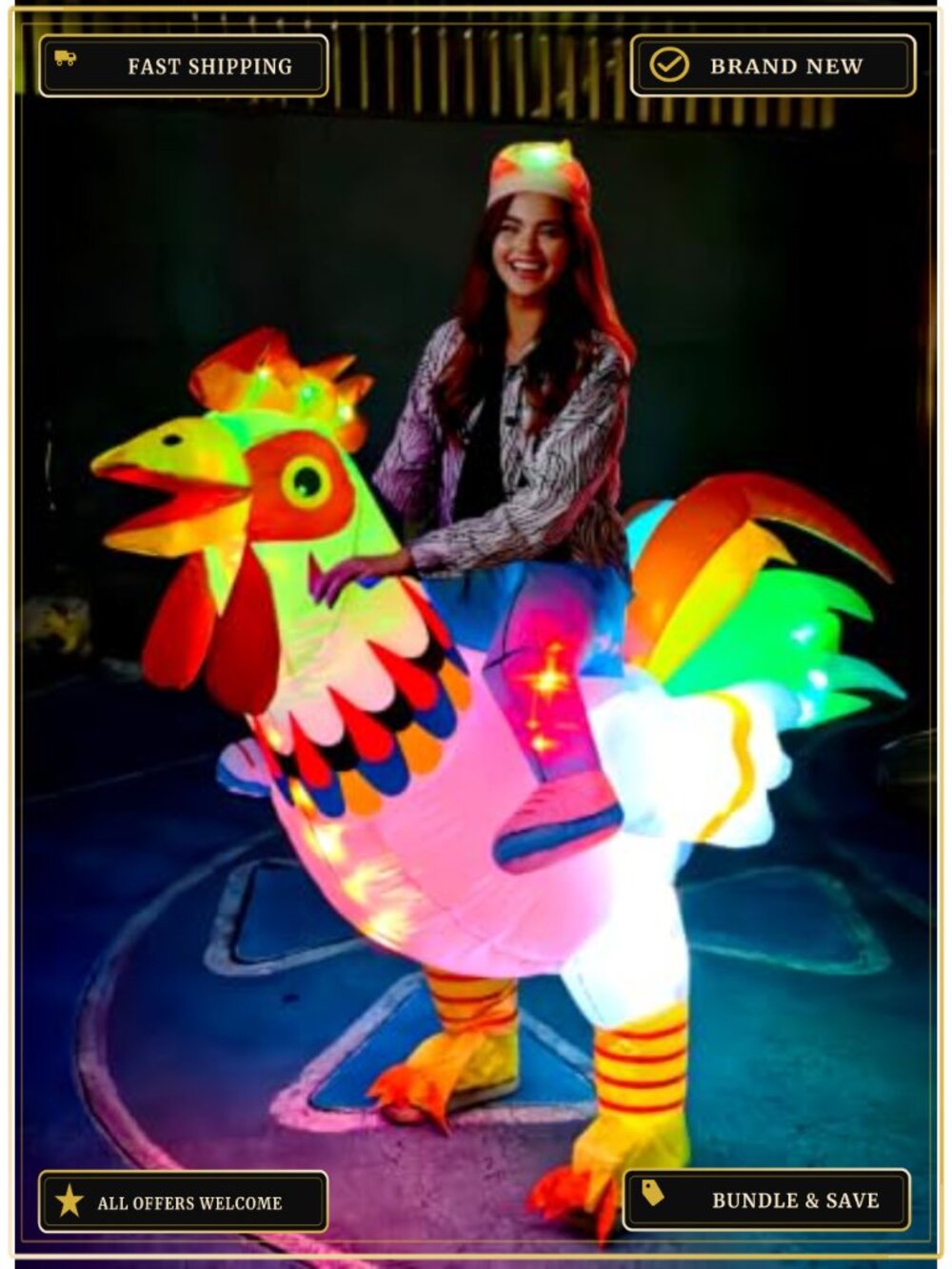 Adult Inflatable Ride-On Rooster Costume Smart LED Lights Adjustable - Picture 2 of 6